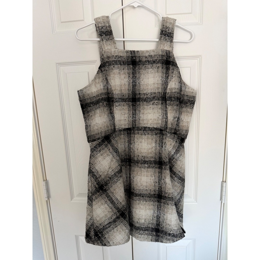 Anthropologie Plaid Mini Pinafore Romper Dress Brown Cream Jumper Size 8 NWT‎